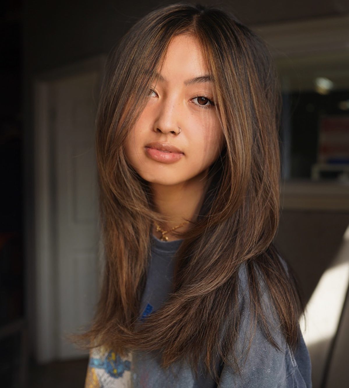 Asian Long Layered Brunette Hairstyle