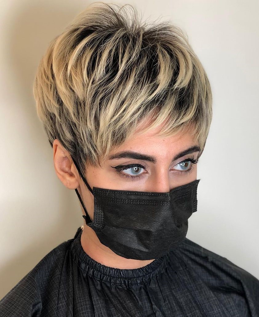 Short Black Choppy Pixie with Blonde Highlights