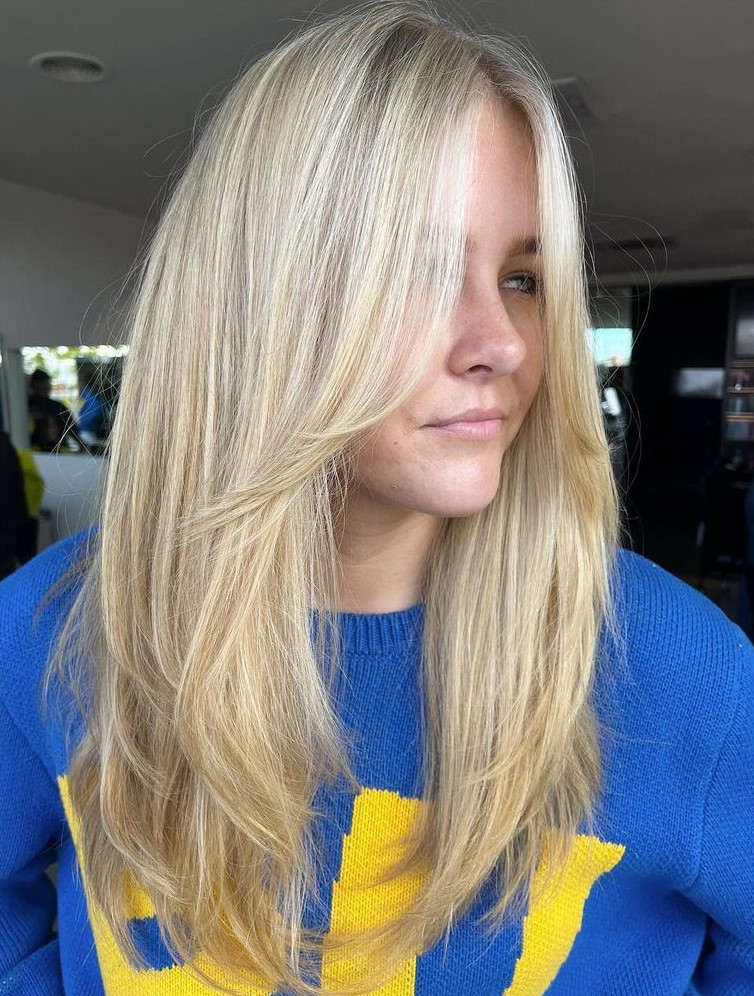 Long Straight Blonde Hairstyle with Face-Framing Bangs