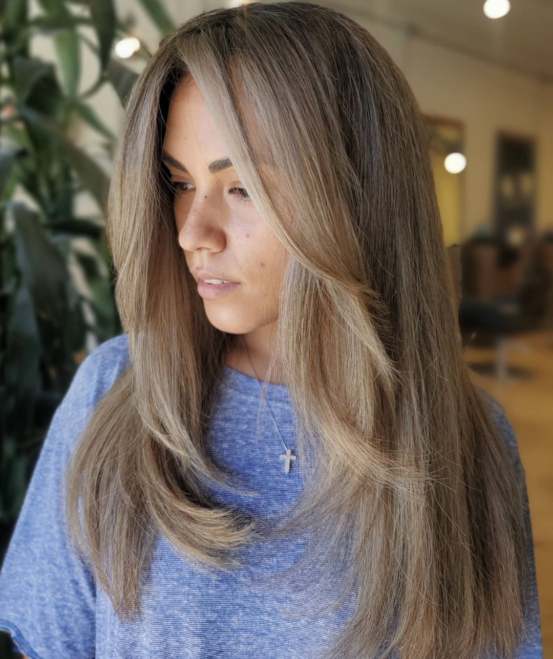 Long Straight Feathered Ash Brown Hairstyle